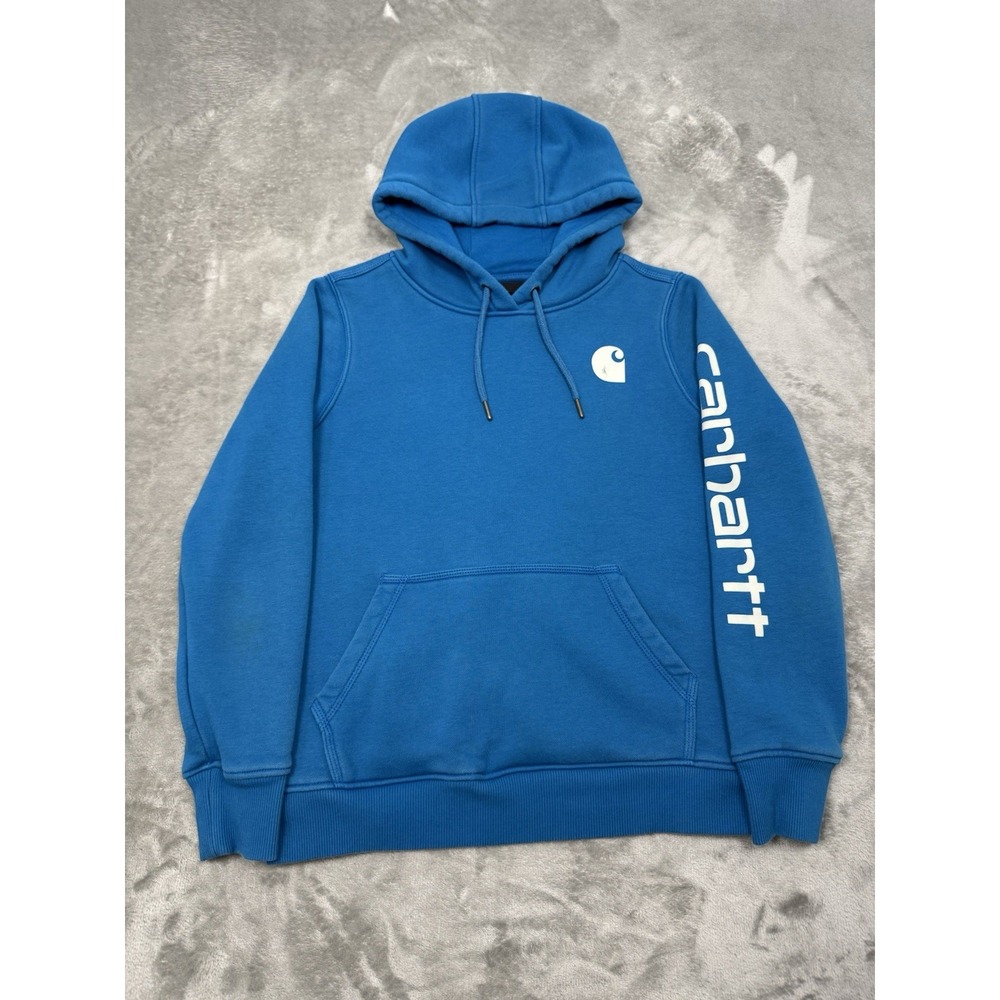 Carhartt Hoodie Mens Small Blue Pullover Sweatshirt White Spellout Logo Workwear